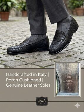 Zelli Italia Nicola Black Woven Calfskin Penny Loafers Handmade Italy Men 10.5M